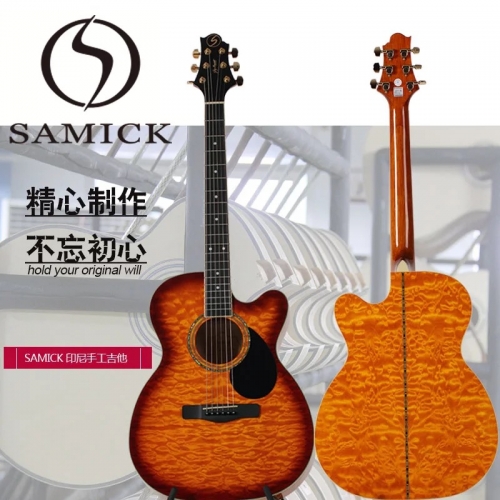 SAMICK吉他三益OM100QCE40寸条纹渐变民谣吉他缺角玫瑰木吉他旅行